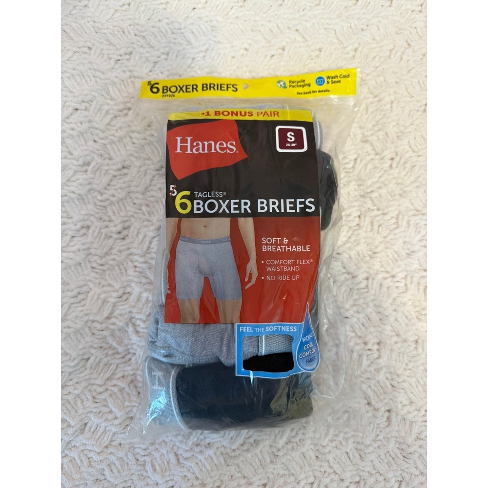 Hanes Mens 5 Pack +1 Bonus Tagless Boxer Briefs Small 28-30 Grey Black Underwear